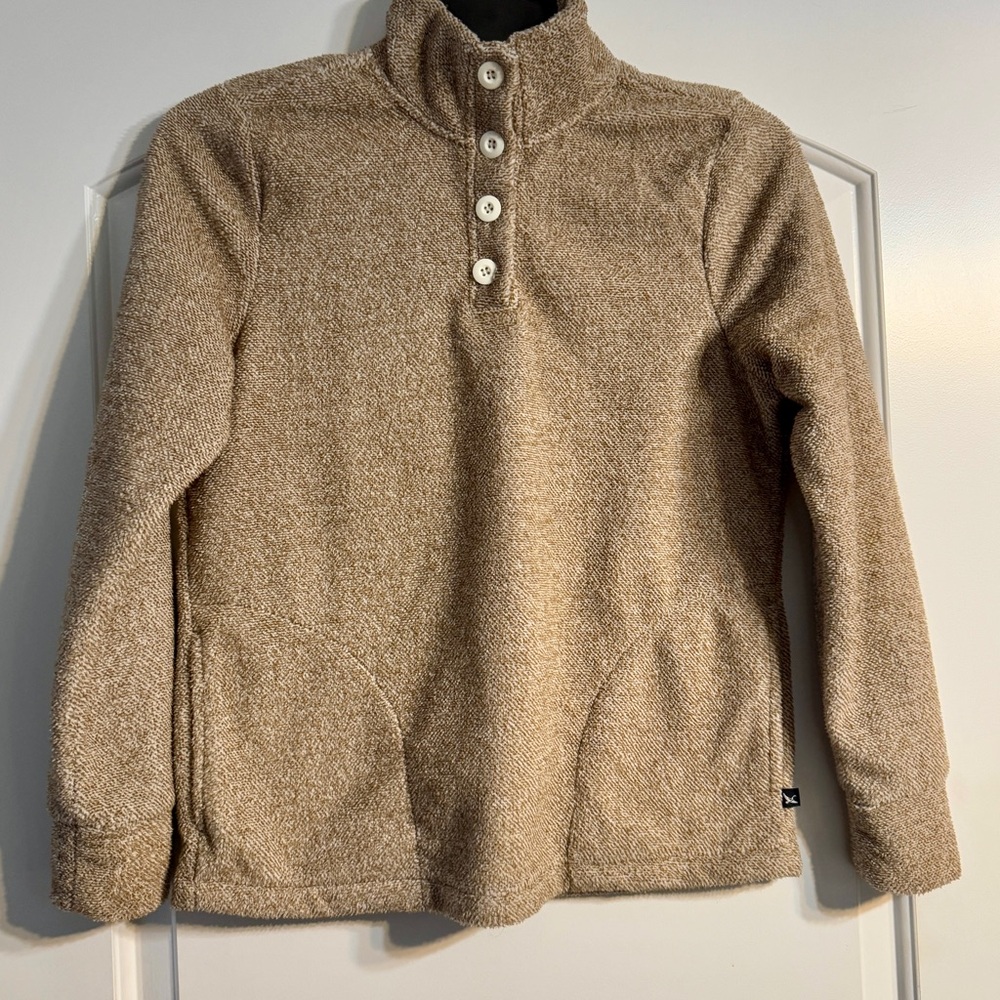 Eddie Bauer Fleece Pullover Women XS Tan Henley Button Mock Neck Pockets